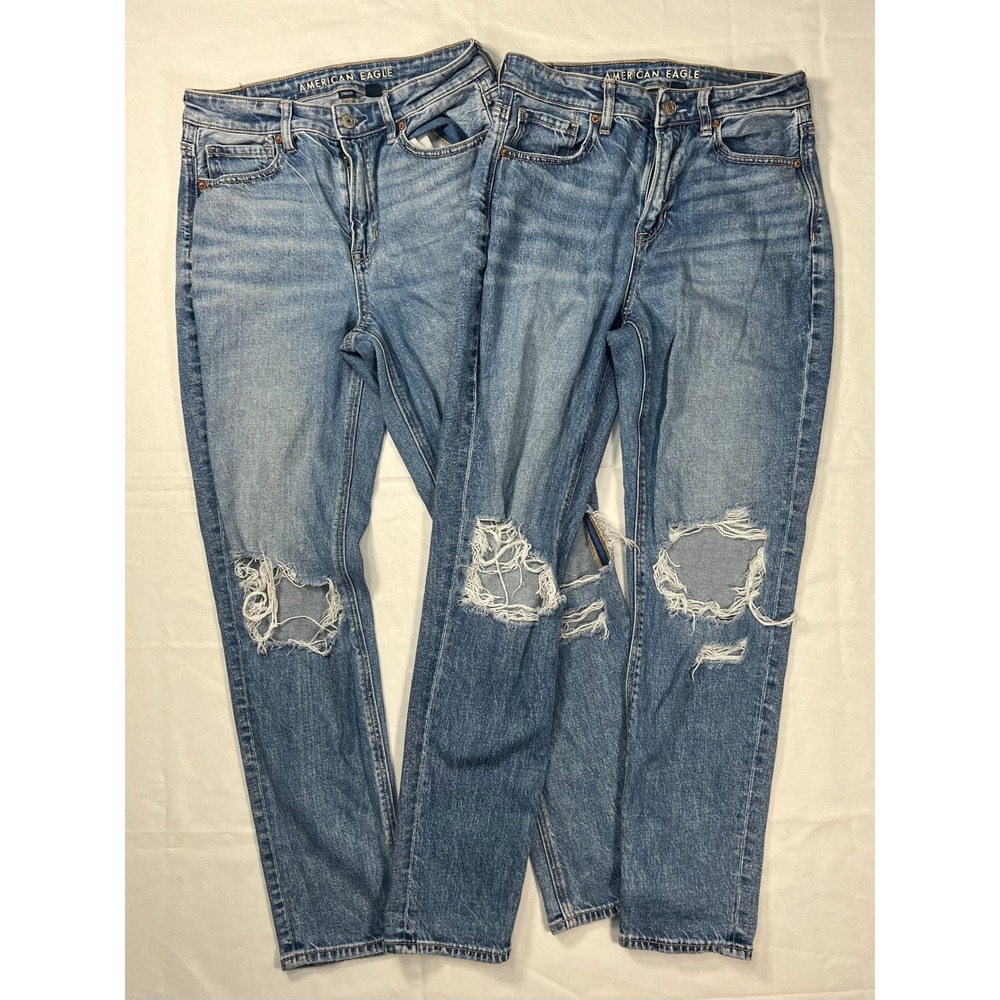 American Eagle Mom Jeans Women 4 Regular Blue Distressed High Rise Bundle 2 Pack